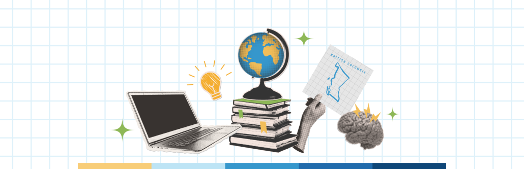 Collage of educational elements, including a laptop, stack of books with a globe, a hand holding a British Columbia map, a brain, light bulb, and sparkles